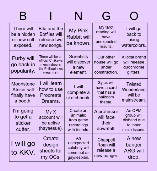 PREDICTION BINGO CARD Bingo Card