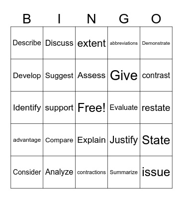 AICE GPT Command Words Bingo Card