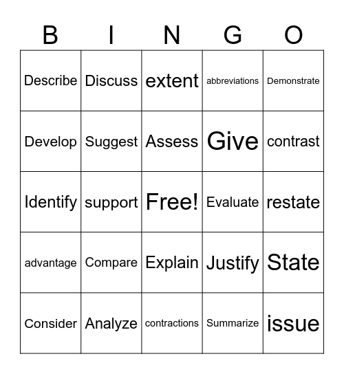 AICE GPT Command Words Bingo Card