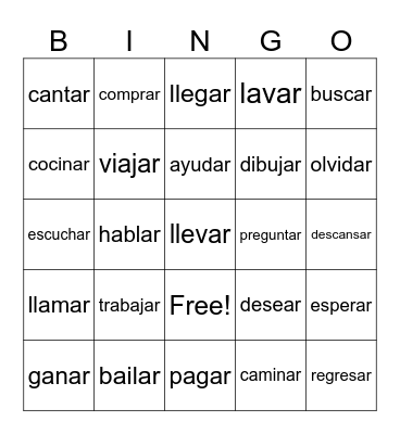 AR Verbs Bingo Card