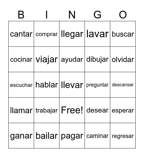AR Verbs Bingo Card