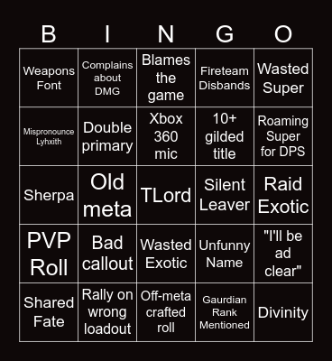 Destiny Bingo Card