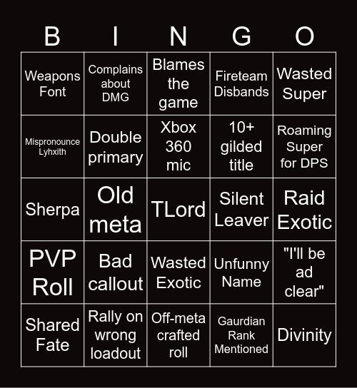 Destiny Bingo Card