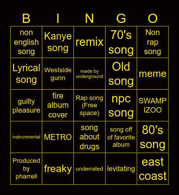 Spotify playlist bingo Card