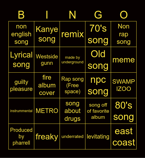 Spotify playlist bingo Card