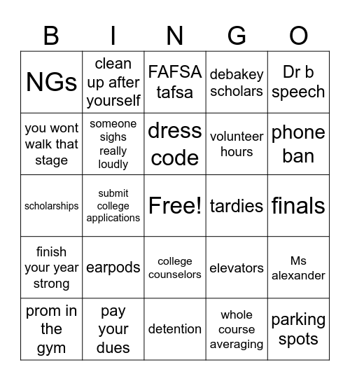 senior assembly Bingo Card