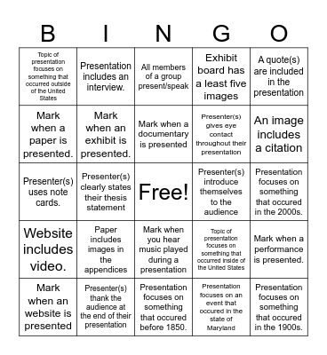 National History Day Competition In Class Presentations Bingo Card