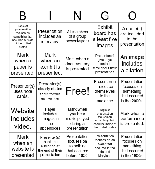 National History Day Competition In Class Presentations Bingo Card