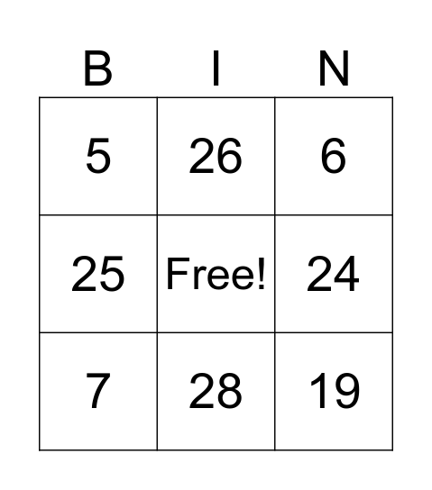 Numbers 1 to 29 Bingo Card