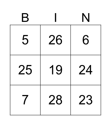 Numbers 1 to 29 Bingo Card