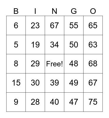 Number Bingo 1-75 Bingo Card