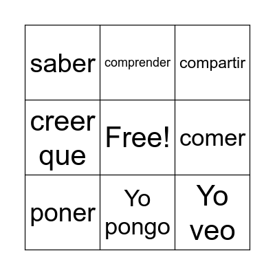 ER/IR Verbs Bingo Card