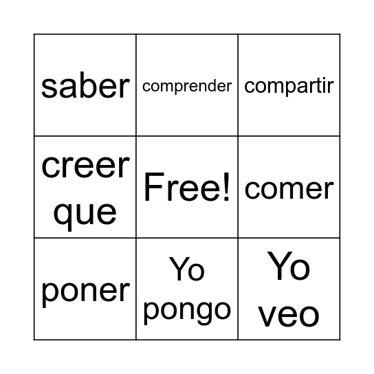 ER/IR Verbs Bingo Card