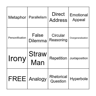Rhetorical Devices and Logical Fallacies Bingo Card