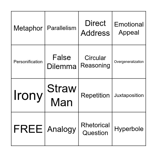 Rhetorical Devices and Logical Fallacies Bingo Card