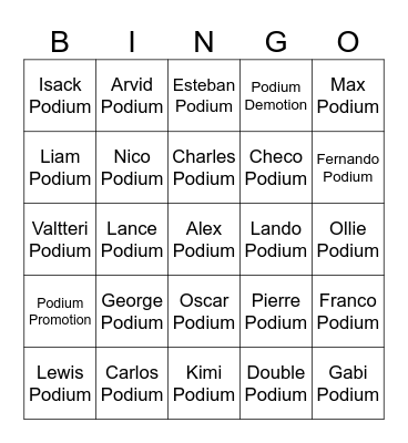 Podium Bingo Card
