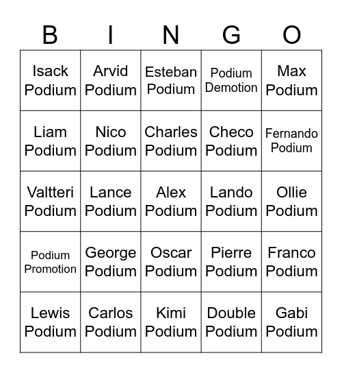 Podium Bingo Card