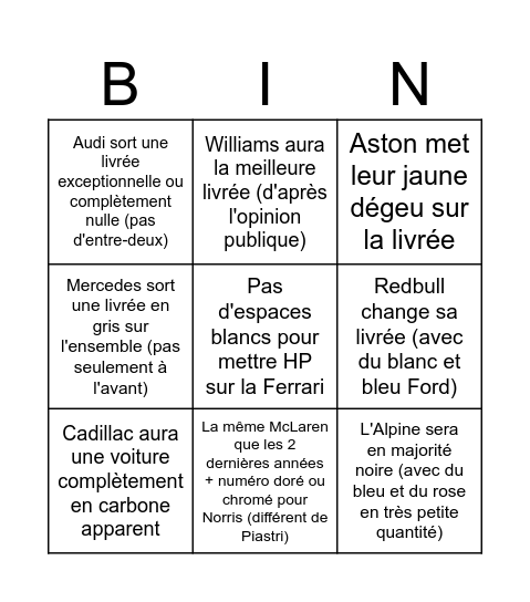 Reveal Livrées 2026 Bingo Card