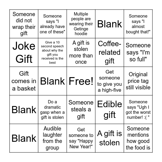 Yankee Swap Bingo Card