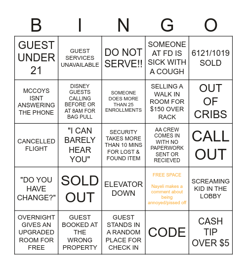 FRONT DESK ANTICS Bingo Card
