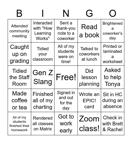 Fusion Teacher BingoTidi Bingo Card