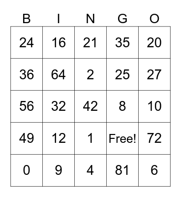 Multiplication Bingo Card