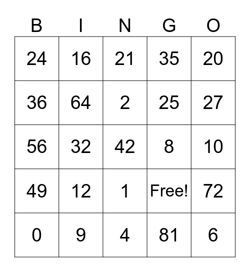Multiplication Bingo Card