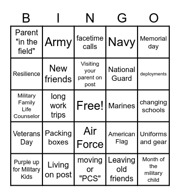 Military Kid Life Bingo Card