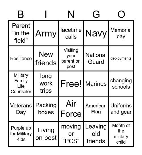 Military Kid Life Bingo Card