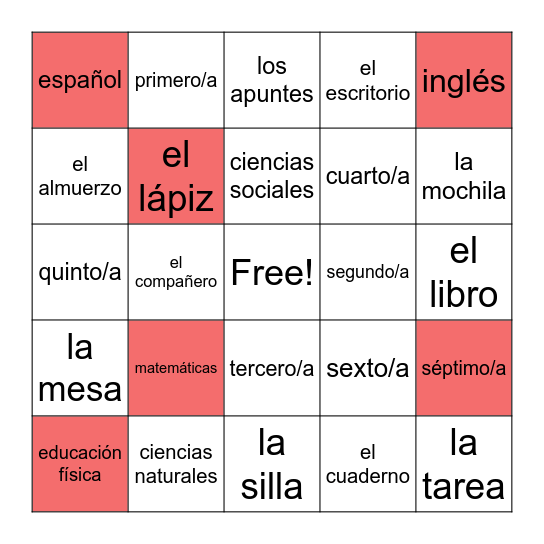 Classes and Ordinal Numbers in Spanish Bingo Card