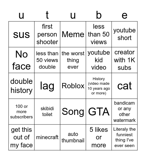 Youtube Bingo Card