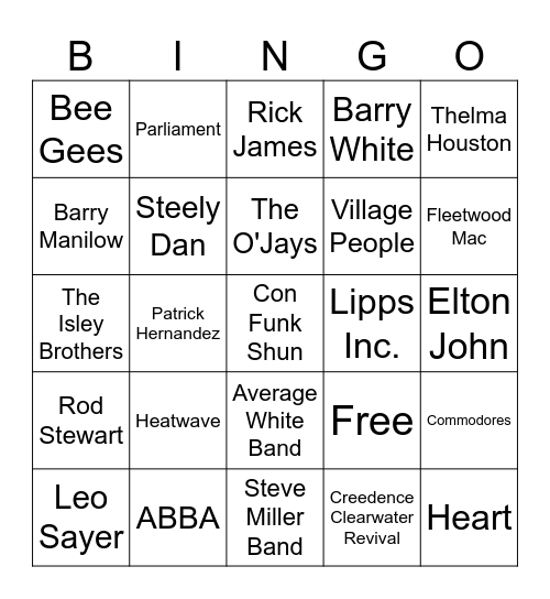 Game 1 - 70's Hits Bingo Card