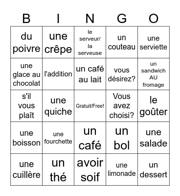 Au restaurant Bingo Card