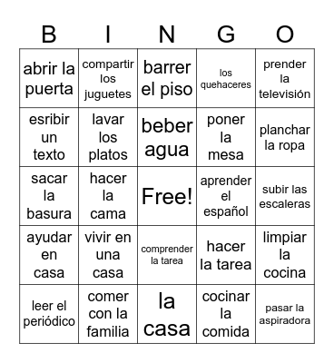 Los quehaceres Bingo Card