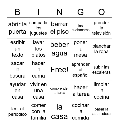 Los quehaceres Bingo Card