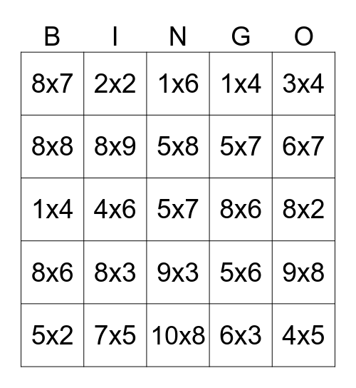 Multiplication Bingo Card