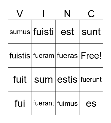 Tenses Sum, Esse, FUi = to be Bingo Card