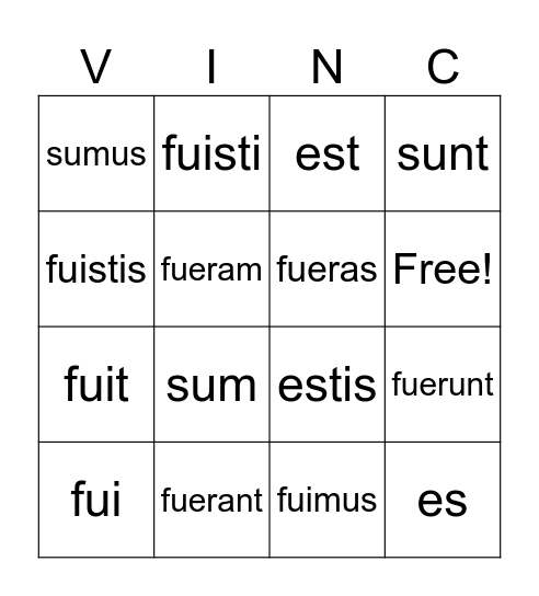 Tenses Sum, Esse, FUi = to be Bingo Card