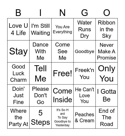 R&B Male Group Hitz Bingo Card
