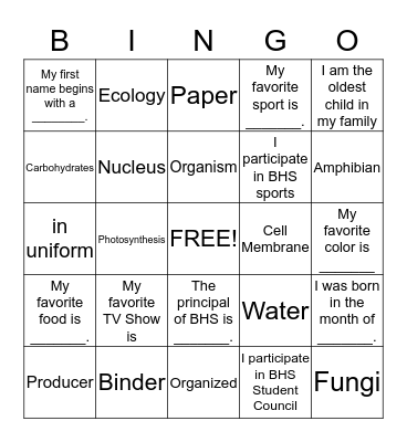 Year 7 Science Class - Week 1 Bingo Card