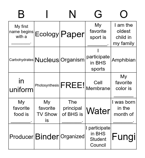 Year 7 Science Class - Week 1 Bingo Card