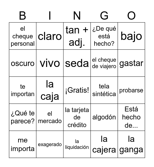 Realidades 2 Vocabulario 2B Bingo Card