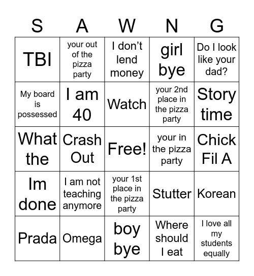 SONNNGGGG Bingo Card