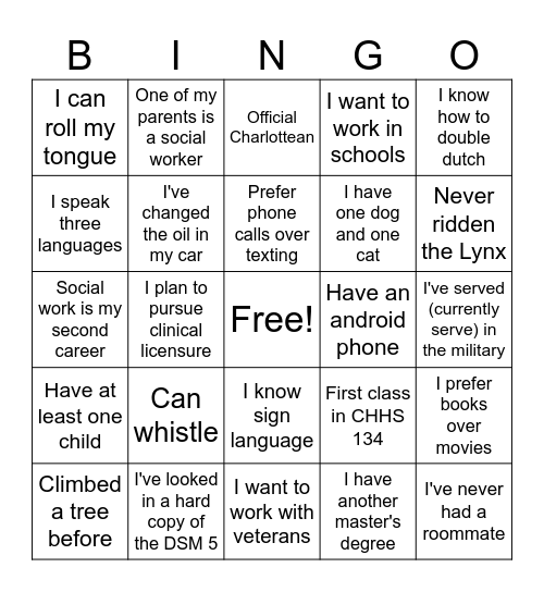 Social Work Bingo Card