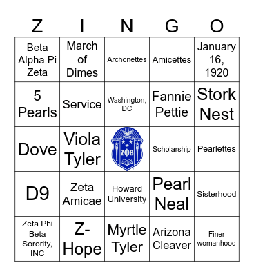 Zeta Zingo Bingo Card