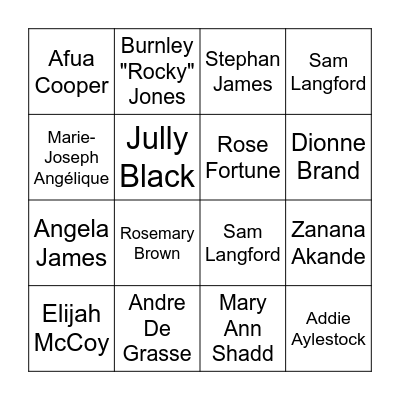 Famous Black Canadians BINGO Card