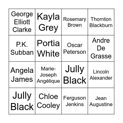 Famous Black Canadians BINGO Card