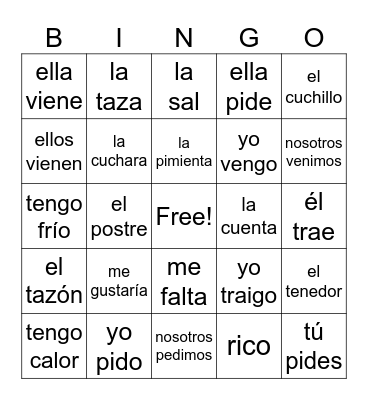 Restaurante Bingo Card