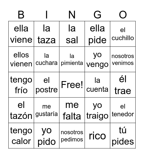 Restaurante Bingo Card