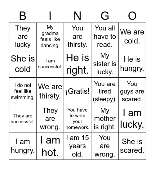 expresiones con tener Bingo Card